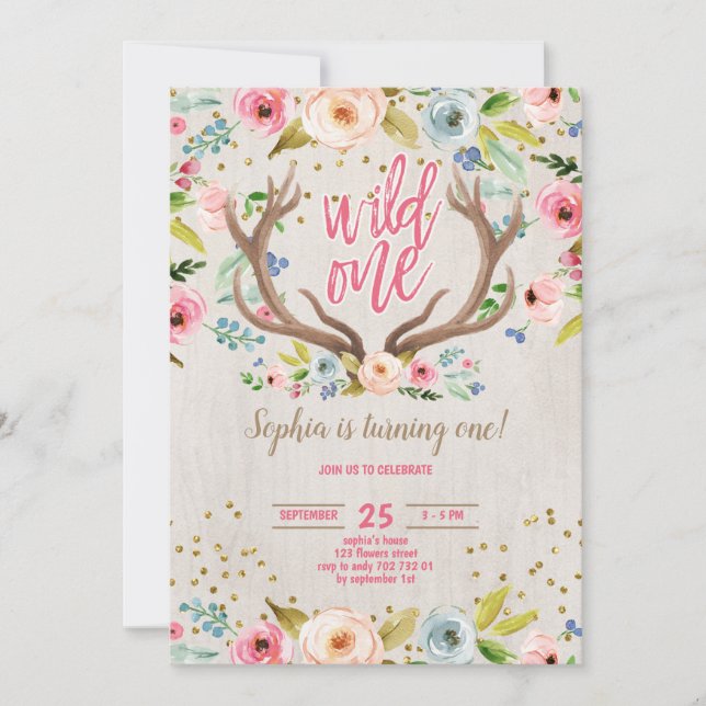 Girl 1st Birthday Deer Antlers Rustic Wild One Invitation (Front)