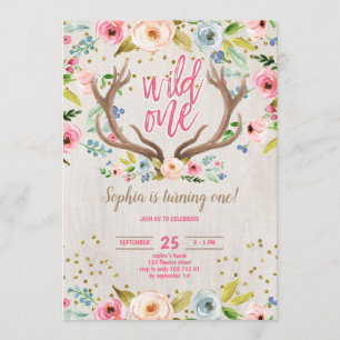 Girl 1st Birthday Deer Antlers Rustic Wild One Invitation