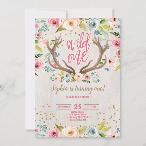 Girl 1st Birthday Deer Antlers Rustic Wild One Invitation