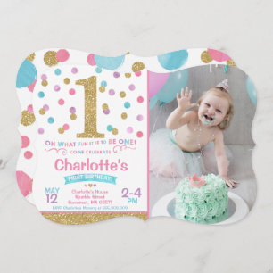 Girl 1st Birthday Invitation Pink & Gold Confetti