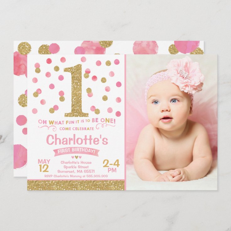 Girl 1st Birthday Invitation Pink & Gold Confetti | Zazzle