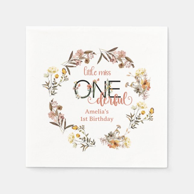 Girl 1st Birthday | Little Miss Onederful  Napkins (Front)