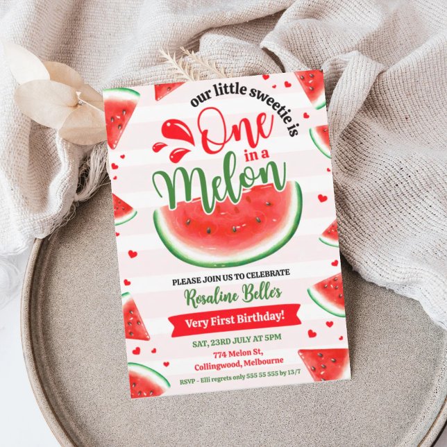 Girl 1st Birthday One In A Melon First Birthday Invitation (red 1st birthday)