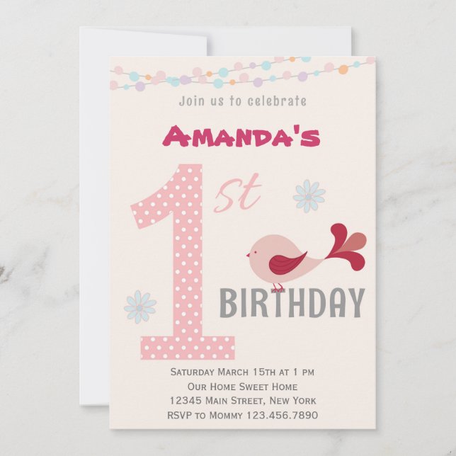 Girl 1st Birthday Party Invitation Bird Pink (Front)