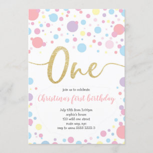 Girl 1st Birthday Pastel Rainbow Dots Confetti Invitation