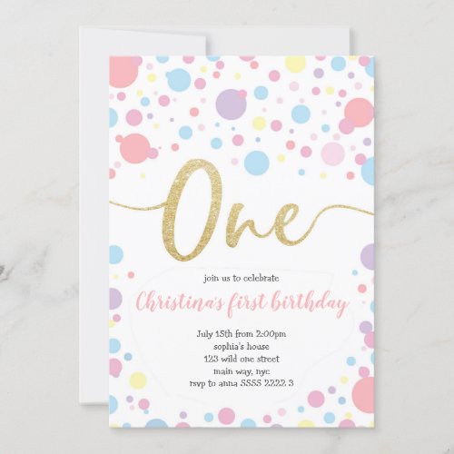 Girl 1st Birthday Pastel Rainbow Dots Confetti Invitation