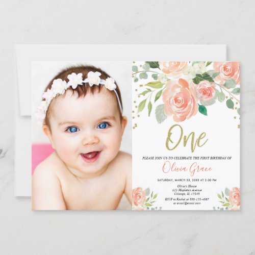 Girl 1st birthday peach gold watercolors invitation