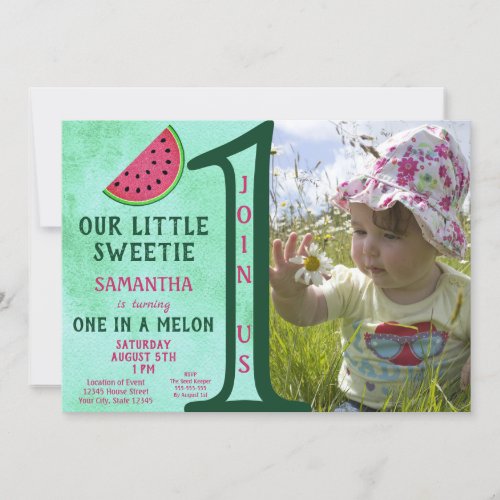 Girl 1st Birthday Pink Green One In A Melon Photo Invitation