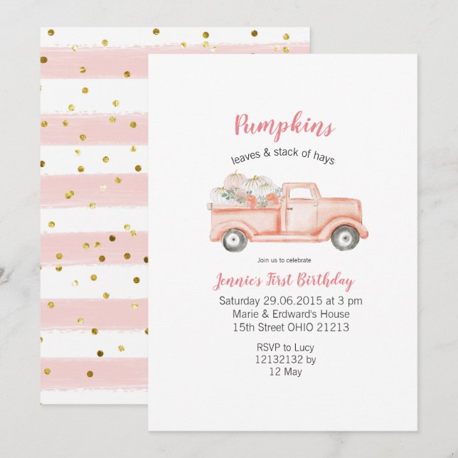 Girl 1st Birthday Pink Pumpkin Truck Birthday Invitation (Front/Back)