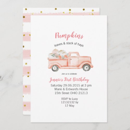 Girl 1st Birthday Pink Pumpkin Truck Birthday Invitation