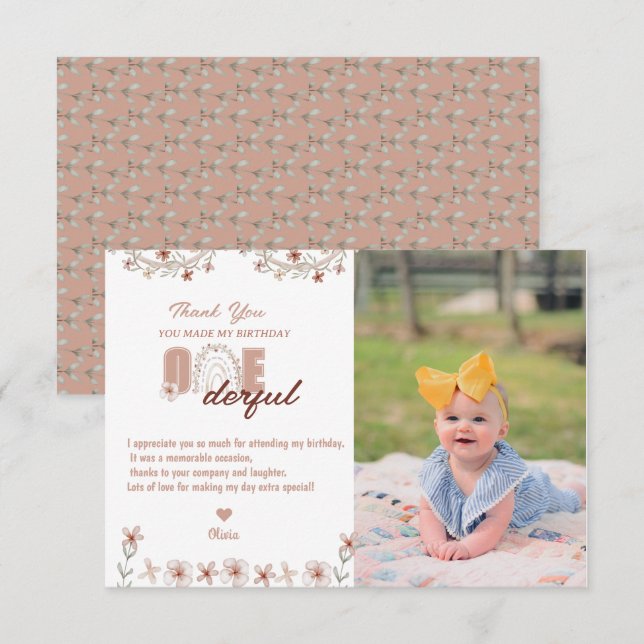 Girl 1st Birthday | Rainbow Boho Thank You Card (Front/Back)