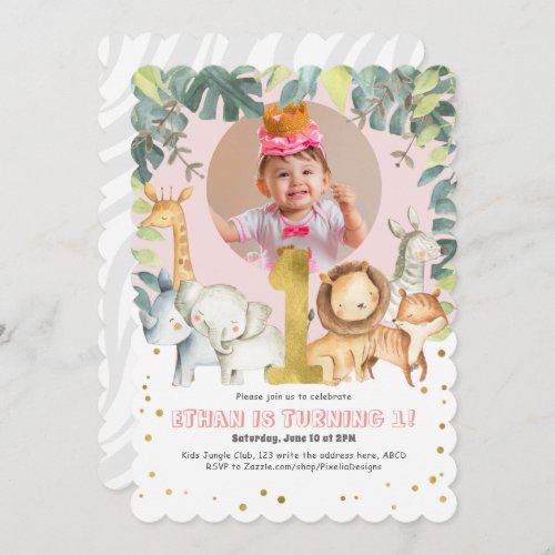 Girl 1st Birthday Safari Jungle animals pink photo Invitation