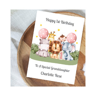 Girl 1st Birthday Safari Leaf Animals Card