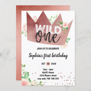 Girl 1st Birthday WILD ONE Rose Gold Foil Crown Invitation