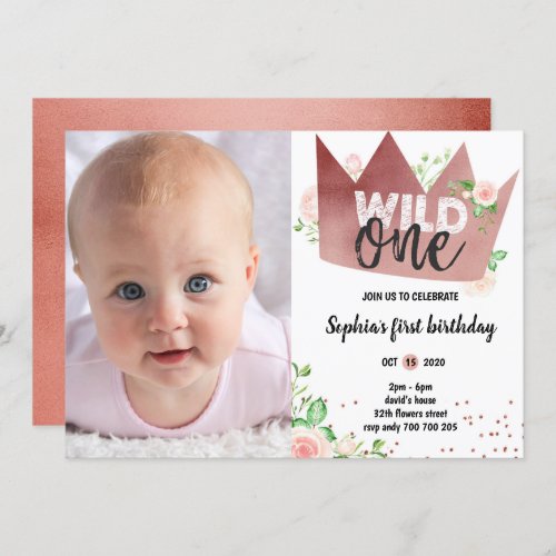 Girl 1st Birthday WILD ONE Rose Gold Foil Photo Invitation