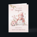 Girl 1st Christmas Pink Snowman Holiday Card<br><div class="desc">Christmas card with pink little snow girl,  bauble and poinsettia</div>