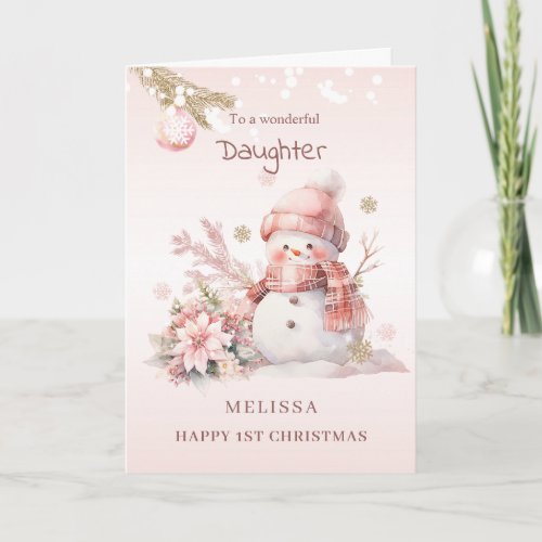 Girl 1st Christmas Pink Snowman Holiday Card