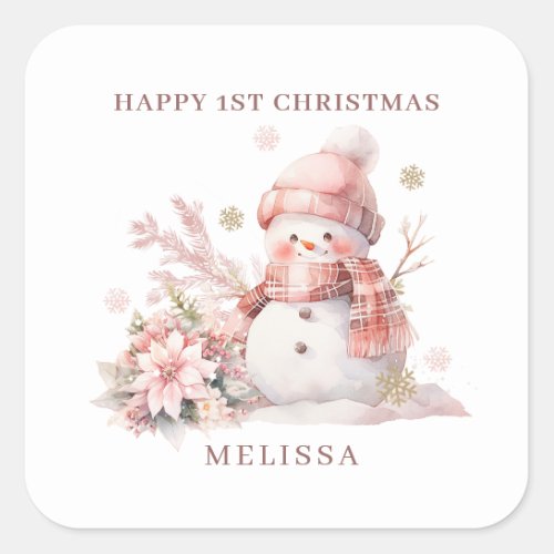 Girl 1st Christmas Pink Snowman Square Sticker