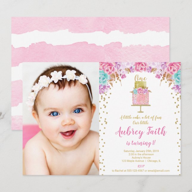 Girl 1st first birthday pink gold cake photo invitation (Front/Back)
