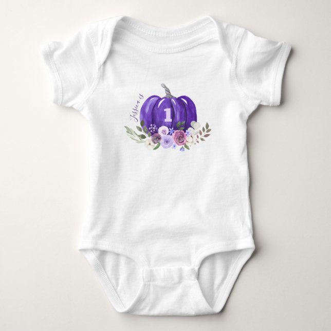 Girl 1st Halloween Birthday Purple Pumpkin & Name Baby Bodysuit (Front)
