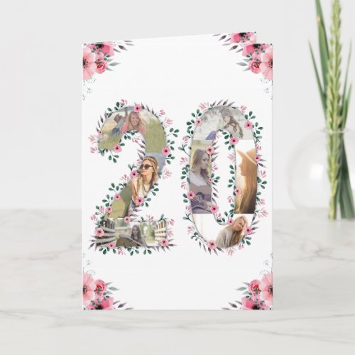 Girl 20th Birthday Photo Collage Pink Flower White Card