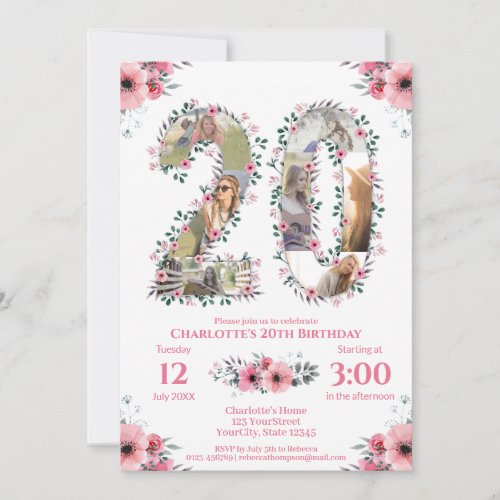 Girl 20th Birthday Photo Collage Pink Flower White Invitation