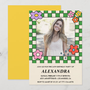 Girl 24th birthday invitation Retro Groovy Floral