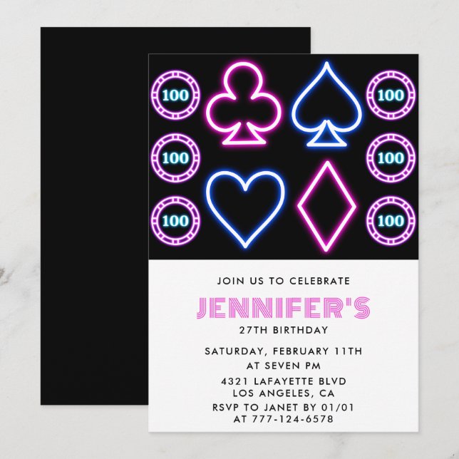 Girl 27th birthday invitations Casino theme Poker (Front/Back)