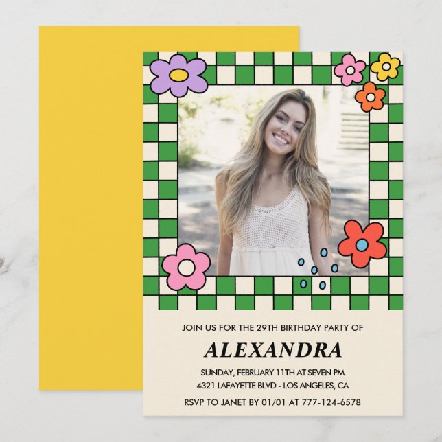 Girl 29th birthday invitation Retro Groovy Floral (Front/Back)