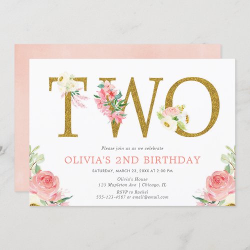 Girl 2nd birthday blush pink and gold floral invitation