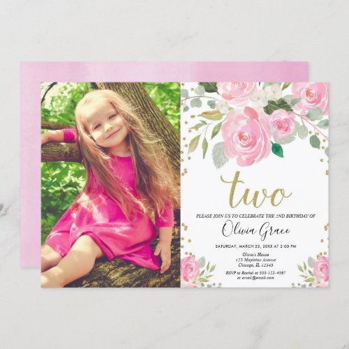 Girl 2nd birthday blush pink gold floral elegant invitation