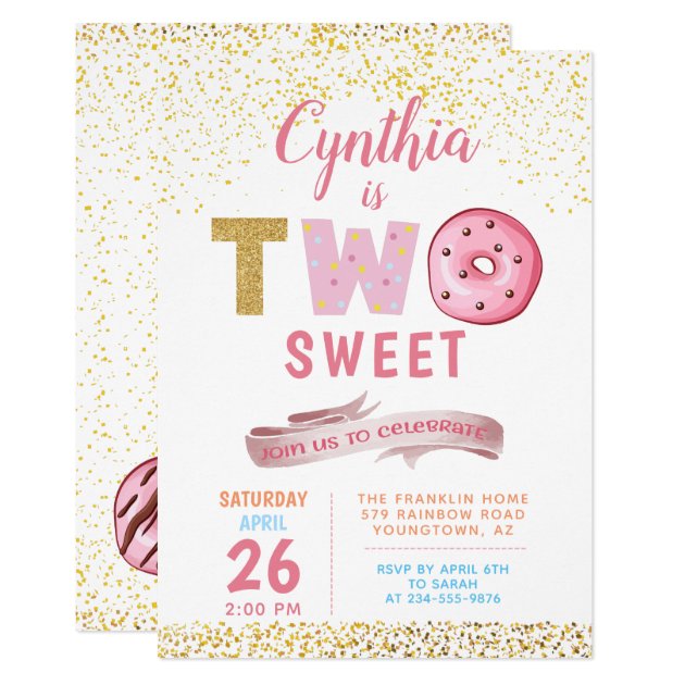 Girl 2nd Birthday Invitation Two Sweet Donut Party