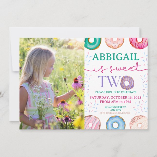 Girl 2nd Birthday Invitation Two Sweet Donut Photo (Front)