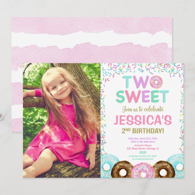 Girl 2nd birthday party, donut sprinkles Two sweet Invitation (Front/Back)