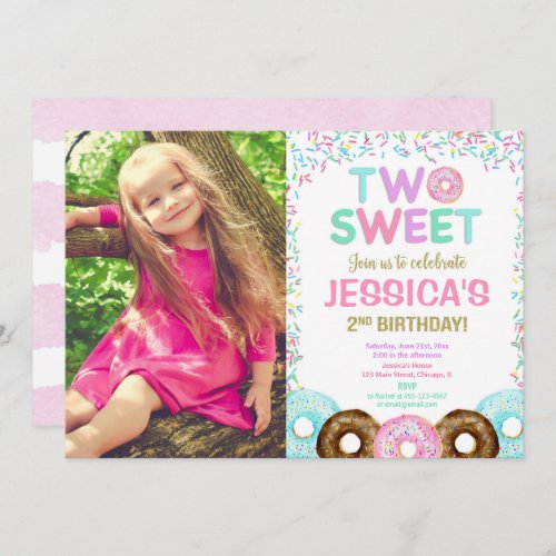 Girl 2nd birthday party donut sprinkles Two sweet Invitation