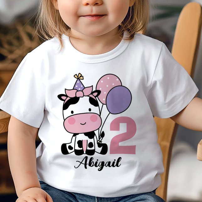 Girl 2nd Birthday Personalized Cow Pink Balloons Baby T-Shirt (Creator Uploaded)