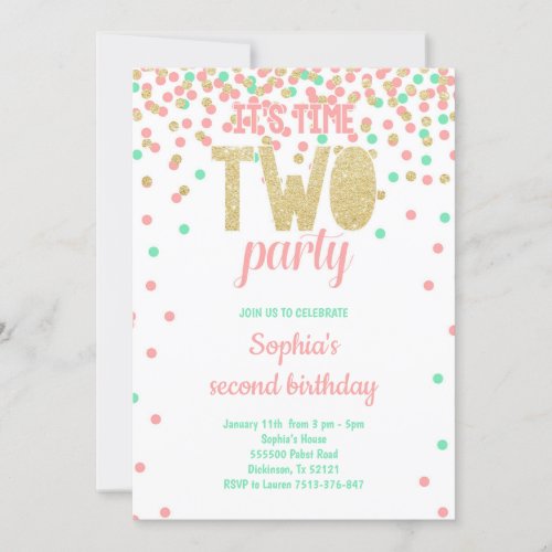 Girl 2nd Birthday TWO PARTY Confetti Teal Pink Invitation