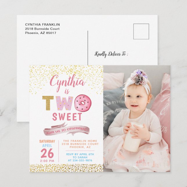 Girl 2nd Birthday Two Sweet Donut Photo Invitation Postcard (Front/Back)