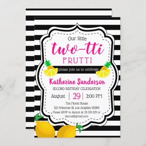 Girl 2nd Birthday Two Sweet Twotti Frutti Tropical Invitation