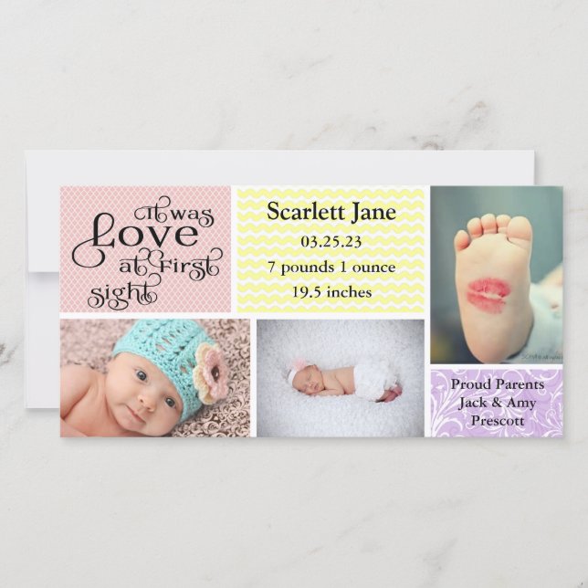Girl 3 Photo Collage-Birth Announcement Photo Card (Front)