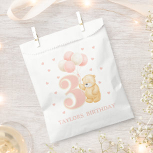 Girl 3 year old Birthday Pink Bear + Name Party Favor Bag