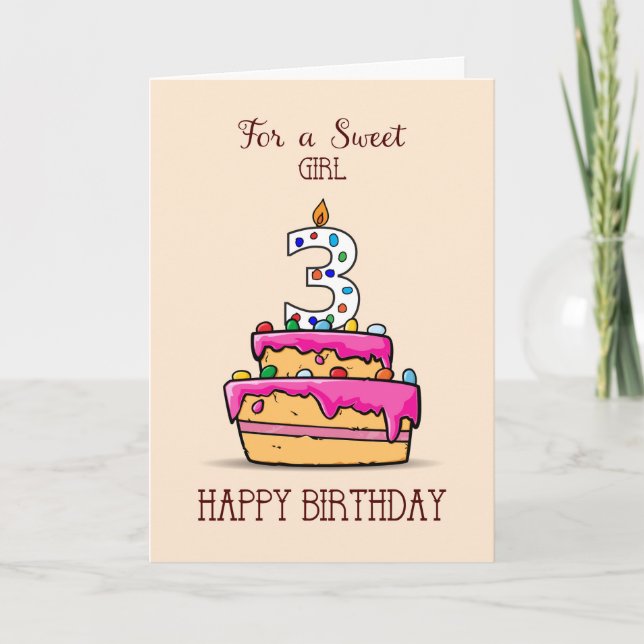 Girl 3rd Birthday, 3 on Sweet Pink Cake Card (Front)