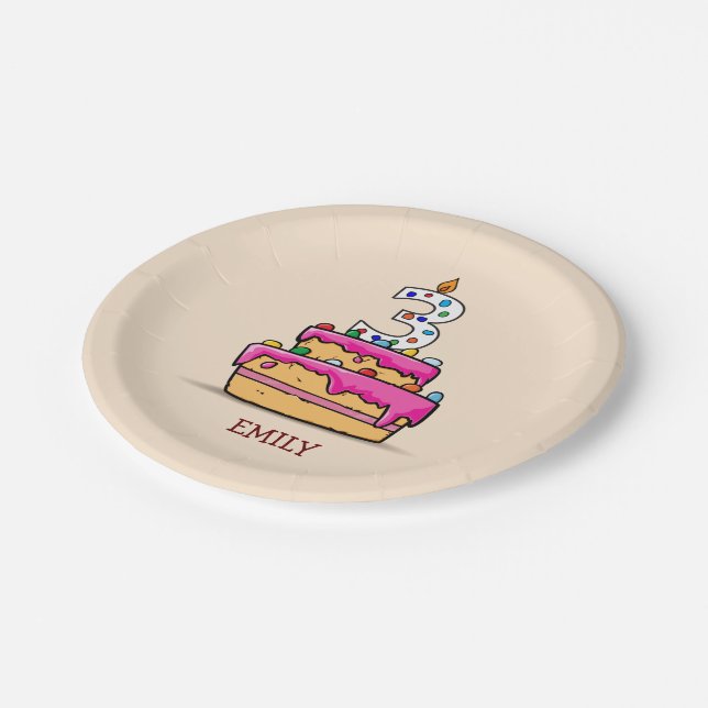 Girl 3rd Birthday, 3 on Sweet Pink Cake Paper Plates (Angled)