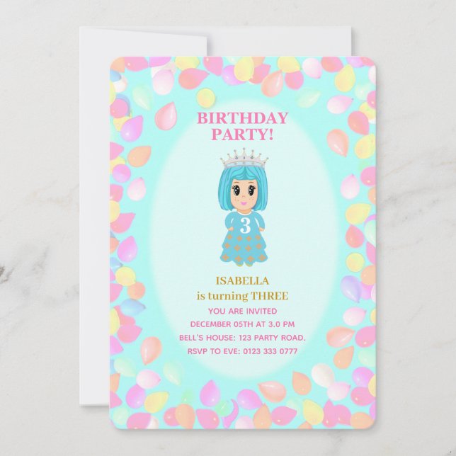 Girl 3rd Birthday Balloons Invitation (Front)