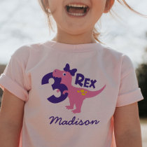 Girl 3rd Birthday Pink Dinosaur with Bow T-Shirt