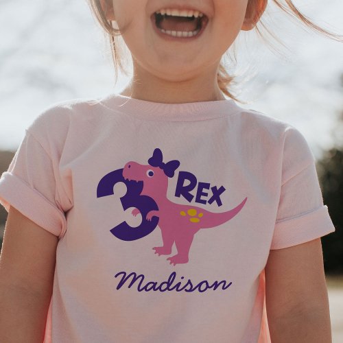 Girl 3rd Birthday Pink Dinosaur with Bow T_Shirt