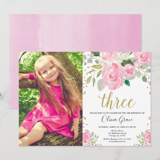 Girl 3rd birthday pink gold glitter birthday invitation (Front/Back)