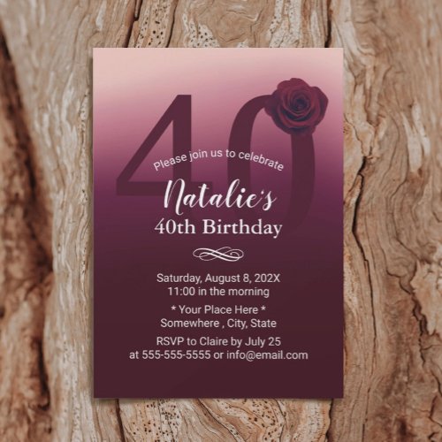 Girl 40th Birthday Party Elegant Burgundy Ombre Invitation