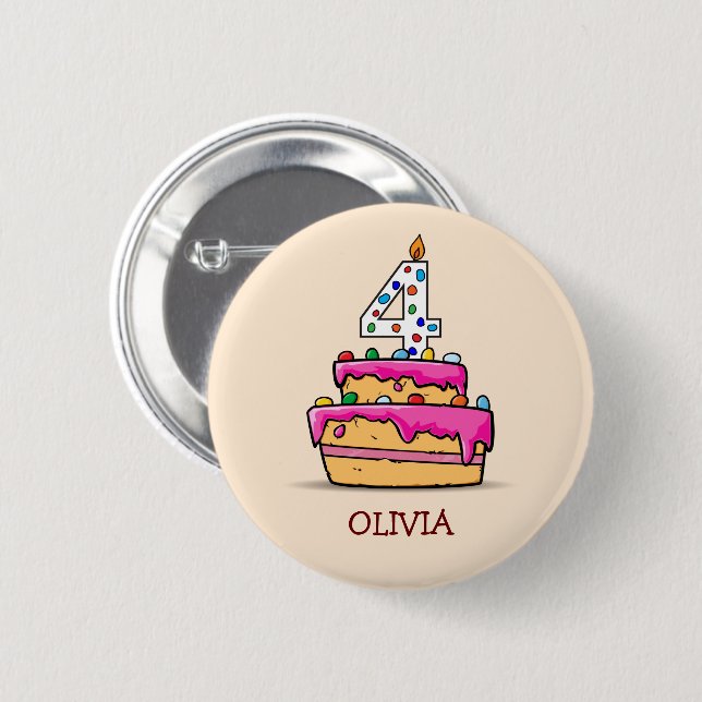 Girl 4th Birthday, 4 on Sweet Pink Cake Button (Front & Back)