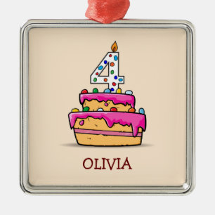 Girl 4th Birthday, 4 on Sweet Pink Cake Metal Ornament
